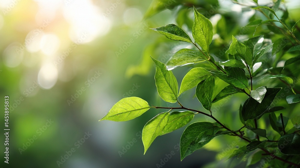 Green Leaves Illuminated by Sunlight with Bokeh Background