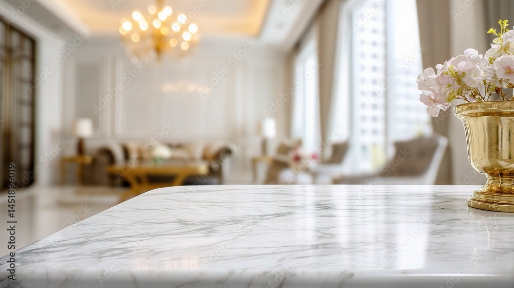 Elegant White Marble Tabletop with Soft Blur Luxury Interior