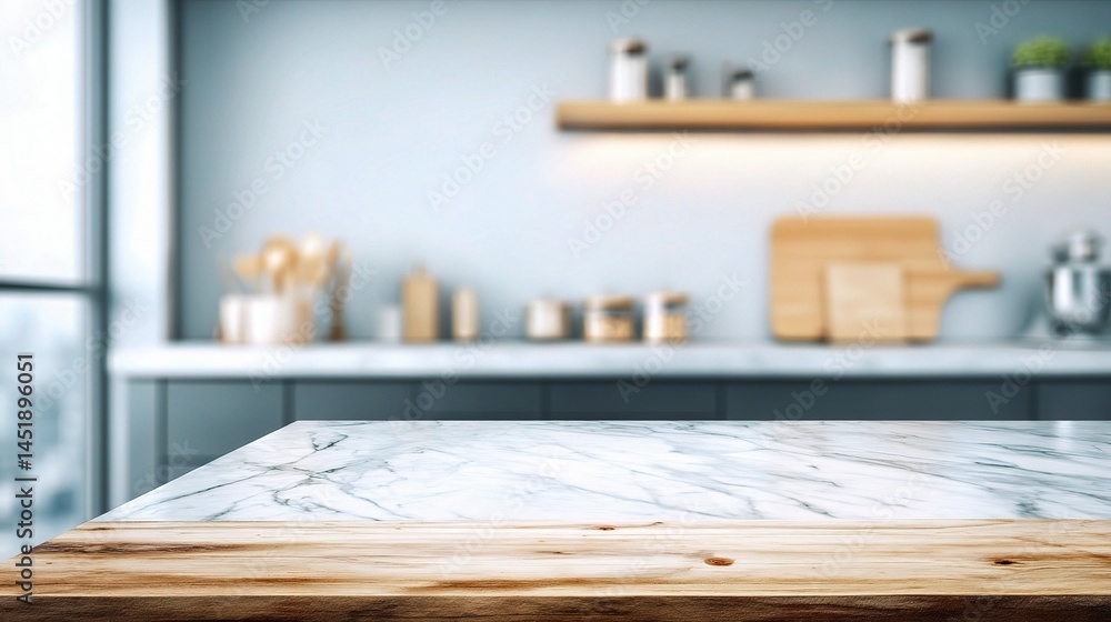 Clean Minimalist Kitchen with Marble Countertop and Blurred Background