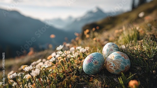 Obraz na płótnie Beautiful Painted Easter Eggs Nestled Among Vibrant Wildflowers w salonie