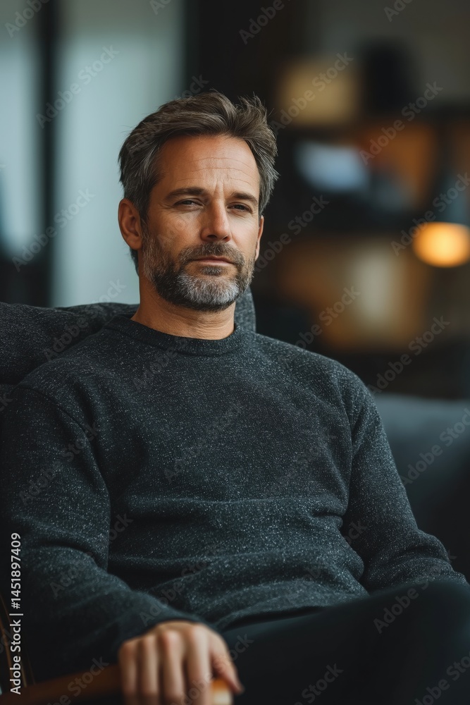 Confident man in a dark sweater sitting relaxed in a modern interior space