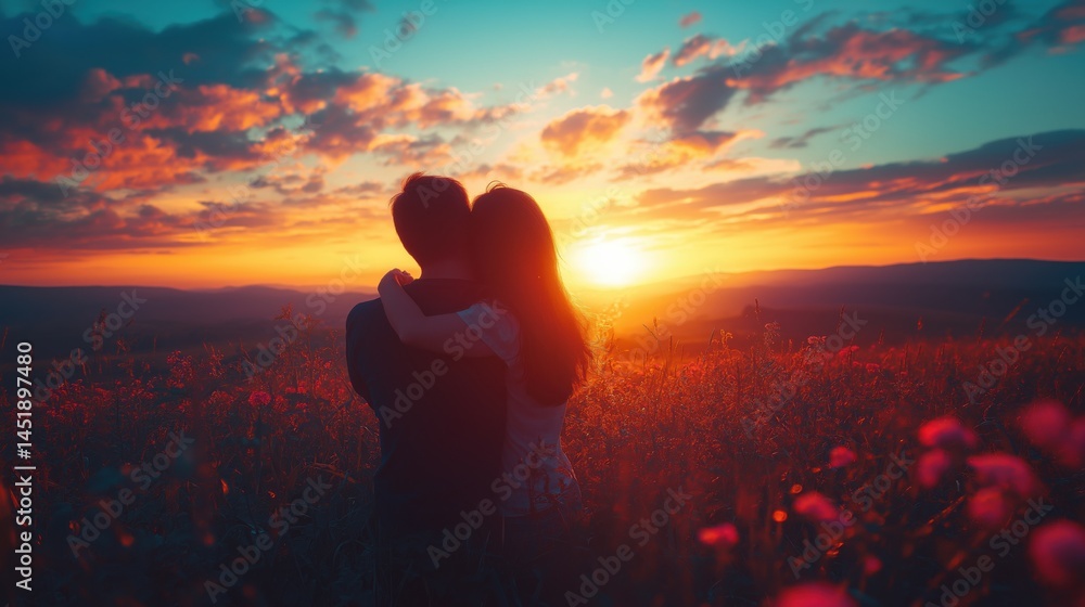 Romantic couple embracing while watching a vibrant sunset over a field