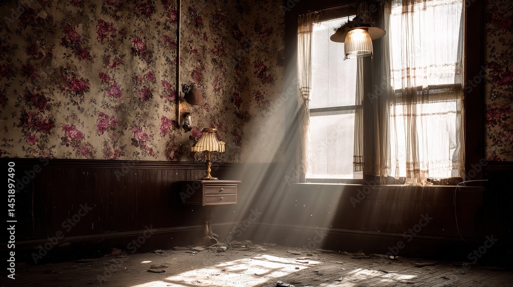Wide View of a Decaying Victorian Room with Floral Wallpaper and Dust