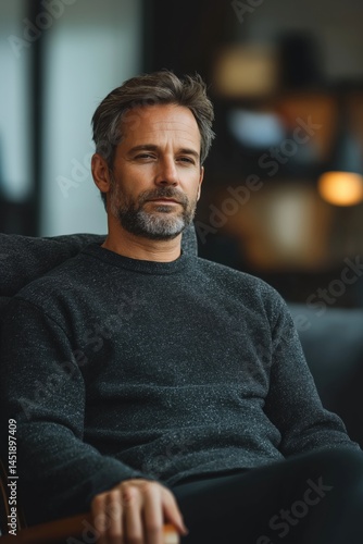 Obraz na płótnie Confident man in a dark sweater sitting relaxed in a modern interior space w salonie
