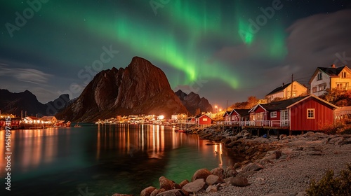 Obraz na płótnie Peaceful Fisherman’s Village Under Northern Lights in Norway w salonie