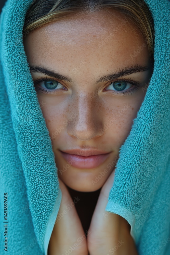 Close-up of a woman with blue eyes wrapped in a turquoise towel after shower