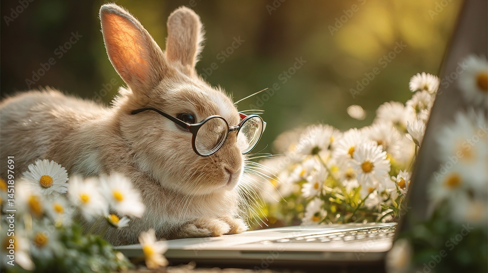 Bunny in Spectacles Typing on Laptop Surrounded by Flowers