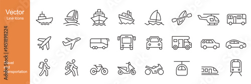 Travel and Transportation Icons - Vector Line Icons. Editable Stroke. Vector Graphic