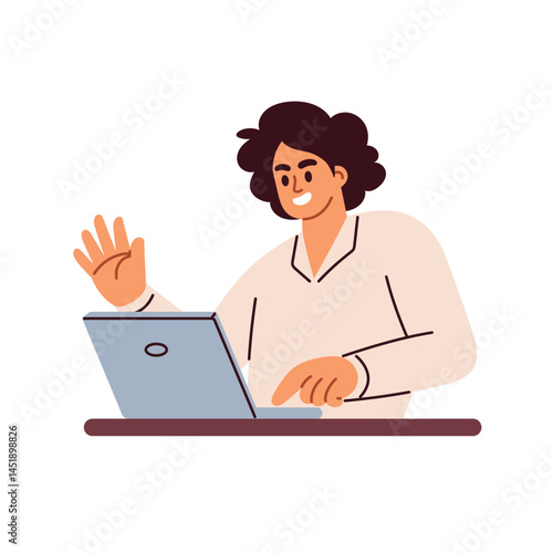 person working with laptop placed on table, flat cartoon style vector illustration isolated on white background