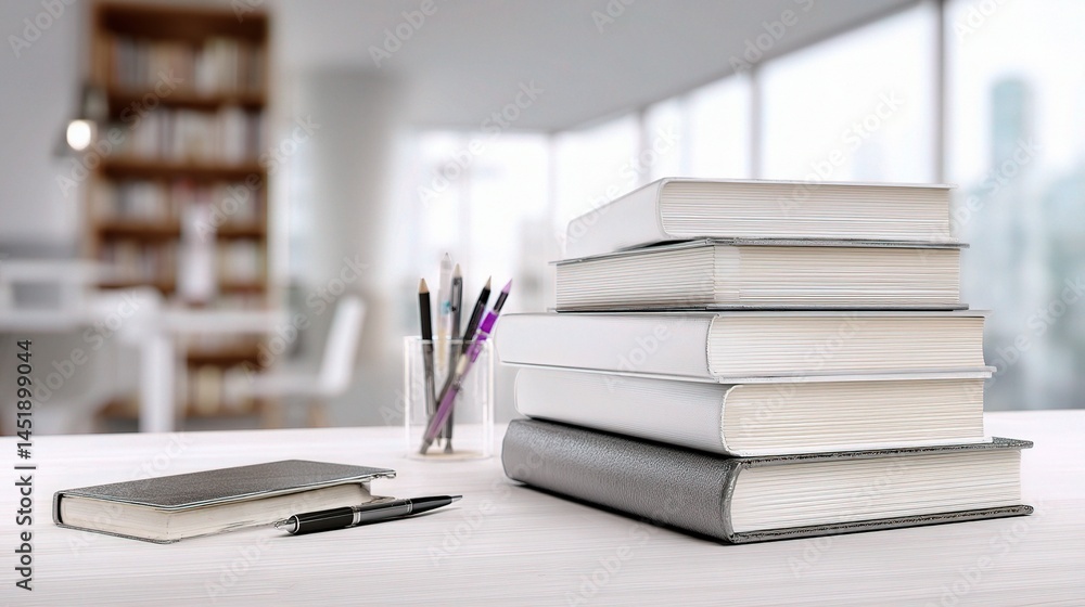 Stacked Books and Pens on a White Desk in Soft Light Setting