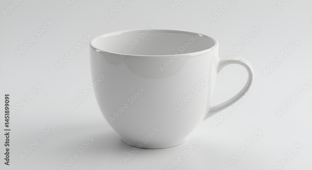 Glossy white porcelain teacup with handle, minimal reflection on white background Glossy white porcelain teacup with handle, minimal reflection on white background