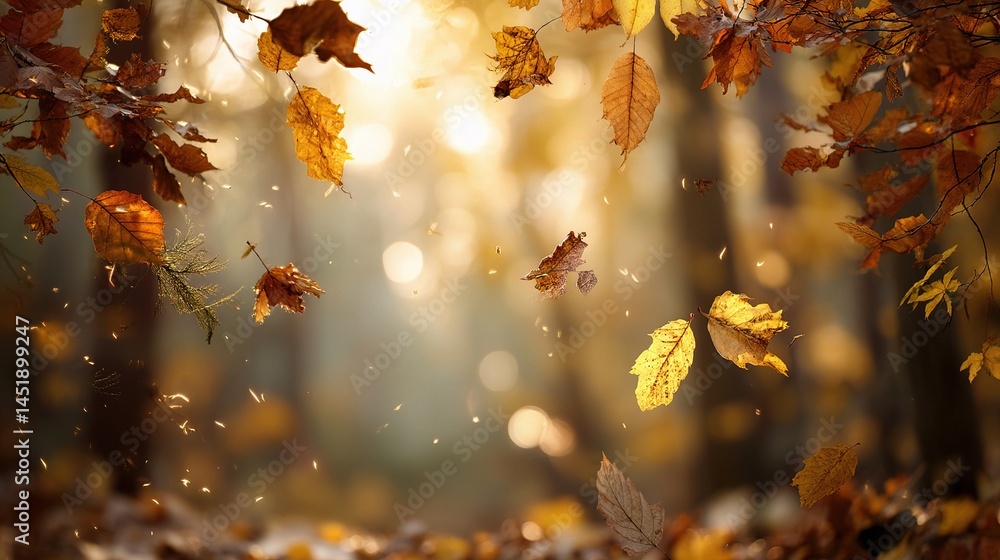 Sunlit Forest with Falling Autumn Leaves in Golden Light