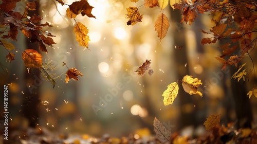 Obraz na płótnie Sunlit Forest with Falling Autumn Leaves in Golden Light w salonie