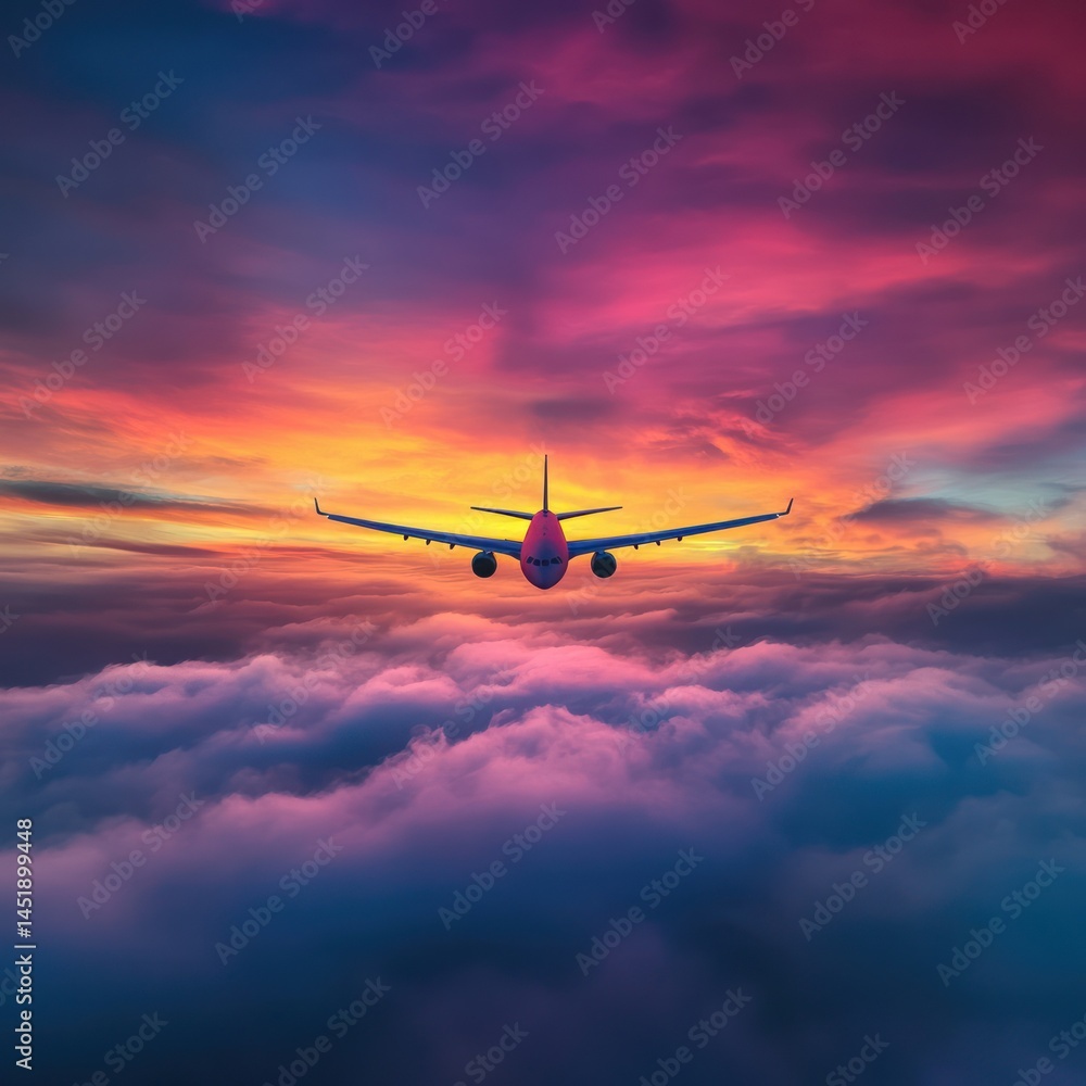 An airplane ascends over clouds, silhouetted against a vibrant, colorful sunset in the sky An airplane ascends over clouds, silhouetted against a vibrant, colorful sunset in the sky