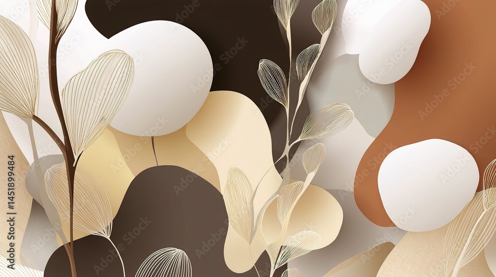 Elegant Abstract Botanical Pattern with Muted Earth Tones and Shapes