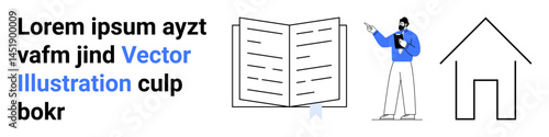 Man presenting information using an open book with text next to it, minimal house outline in the background. Ideal for education, learning, presentation, teaching, minimalism, home design, simple
