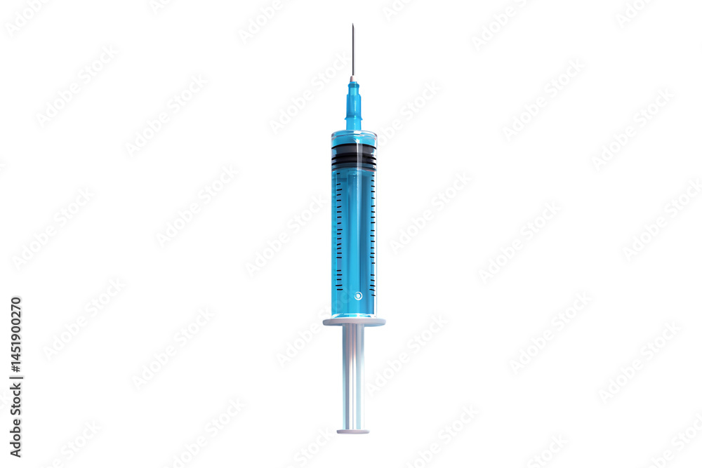 A transparent syringe filled with blue liquid stands upright, ready for medical or laboratory use, isolated on a transparent background