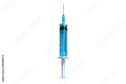 Obraz na płótnie A transparent syringe filled with blue liquid stands upright, ready for medical or laboratory use, isolated on a transparent background w salonie