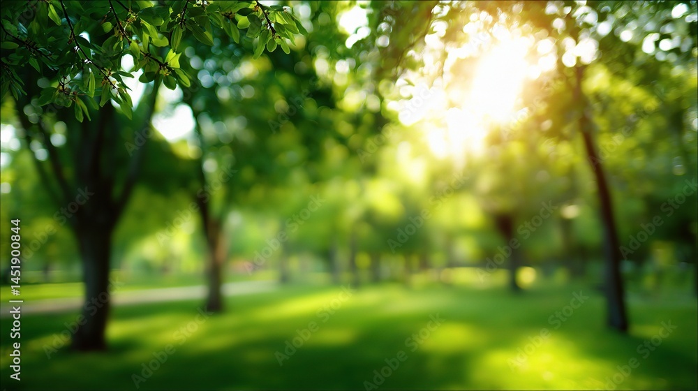 Blurred Green Park in Spring with Sunlight Filtering Through Trees