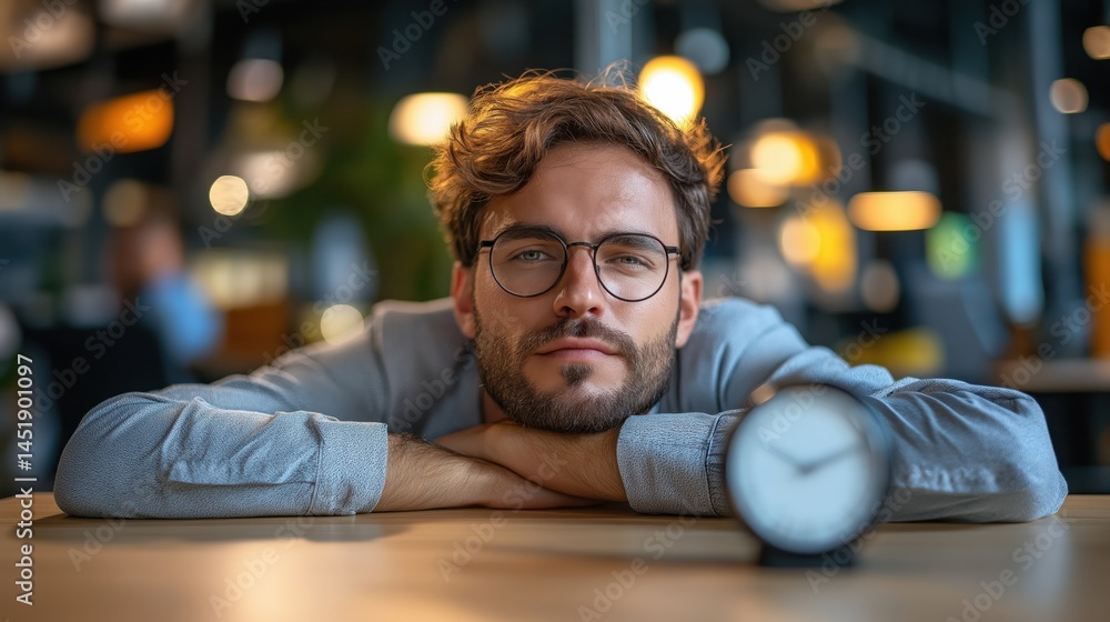 Bearded man resting on desk in office with clock, looking contemplative