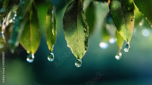 Close-Up of Sunlight Sparkling on Water Droplets Hanging from Leaves