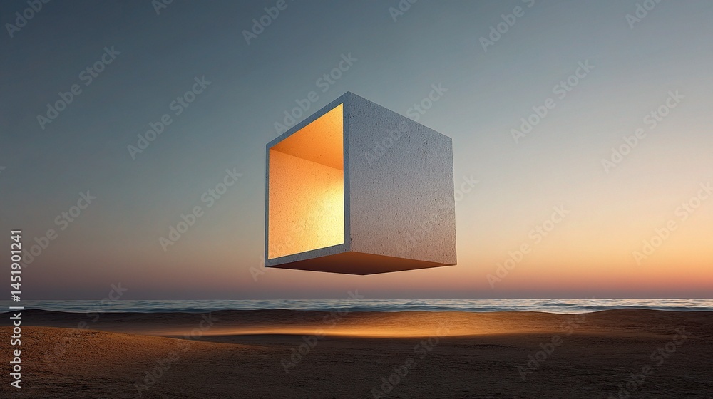 Suspended Steel Cube in Orange Dusk Air Over Desert Landscape