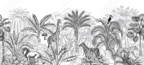 Toile tropical vintage botanical palm trees, banana tree, oak, plants, toucan bird, lion, giraffe, leopard, zebra animal seamless border. Graphic jungle mural.