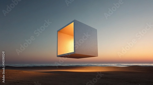 Obraz na płótnie Suspended Steel Cube in Orange Dusk Air Over Desert Landscape w salonie