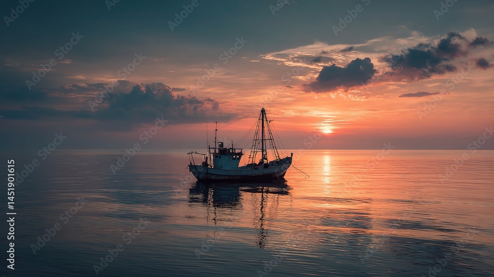 Serene Fishing Boat at Sea During Tranquil Sunset Glow