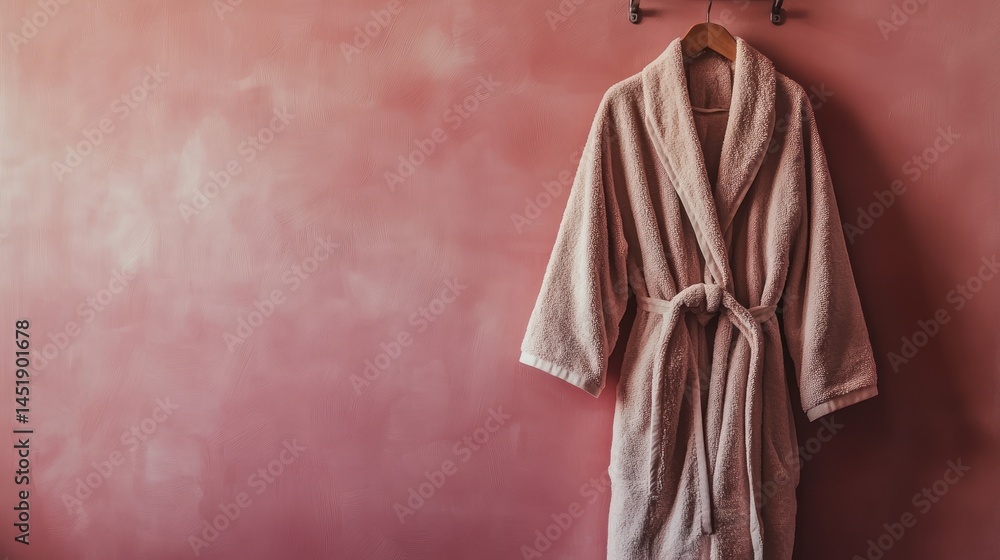 Fototapeta premium Soft Pink Bathrobe Hanging on Dusty Rose Wall