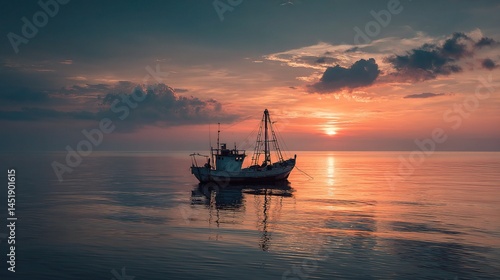 Obraz na płótnie Serene Fishing Boat at Sea During Tranquil Sunset Glow w salonie