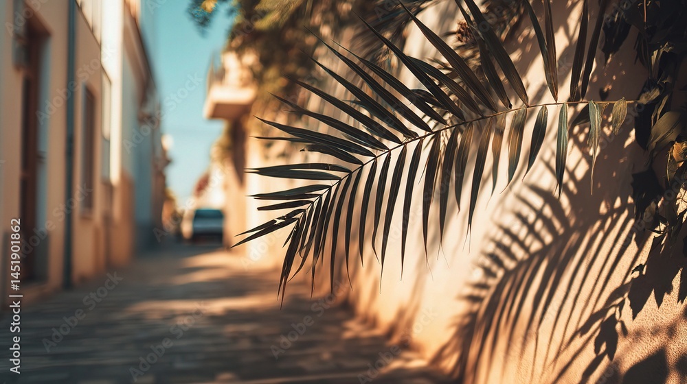 Tropical Summer Street Scene with Palm Leaves and Gentle Shadows