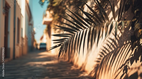 Obraz na płótnie Tropical Summer Street Scene with Palm Leaves and Gentle Shadows w salonie