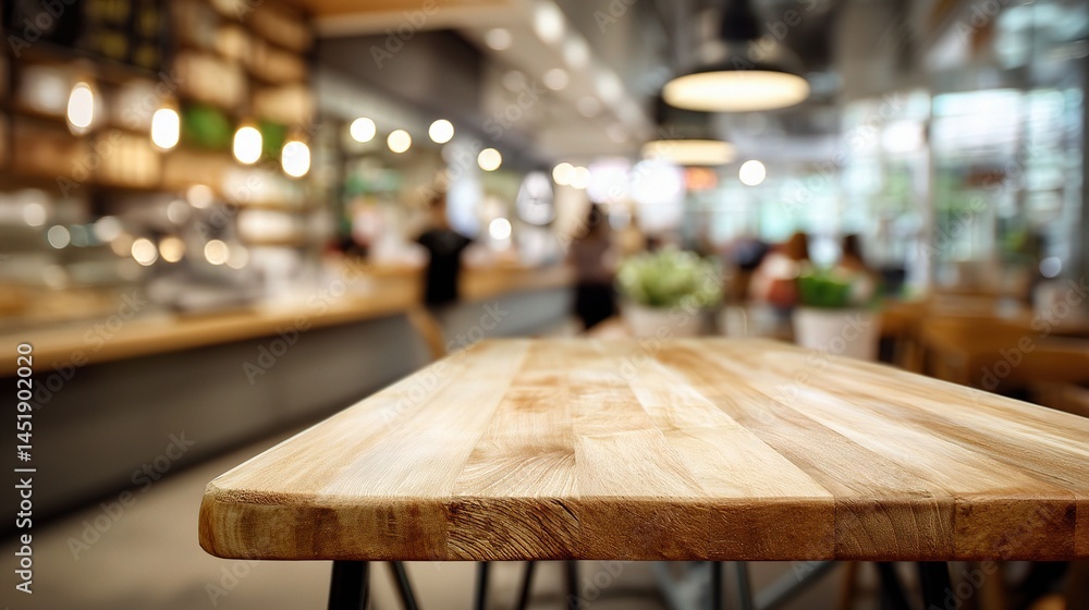 Blurred Modern Cafe Interior with Light Wood Table and Ambiance
