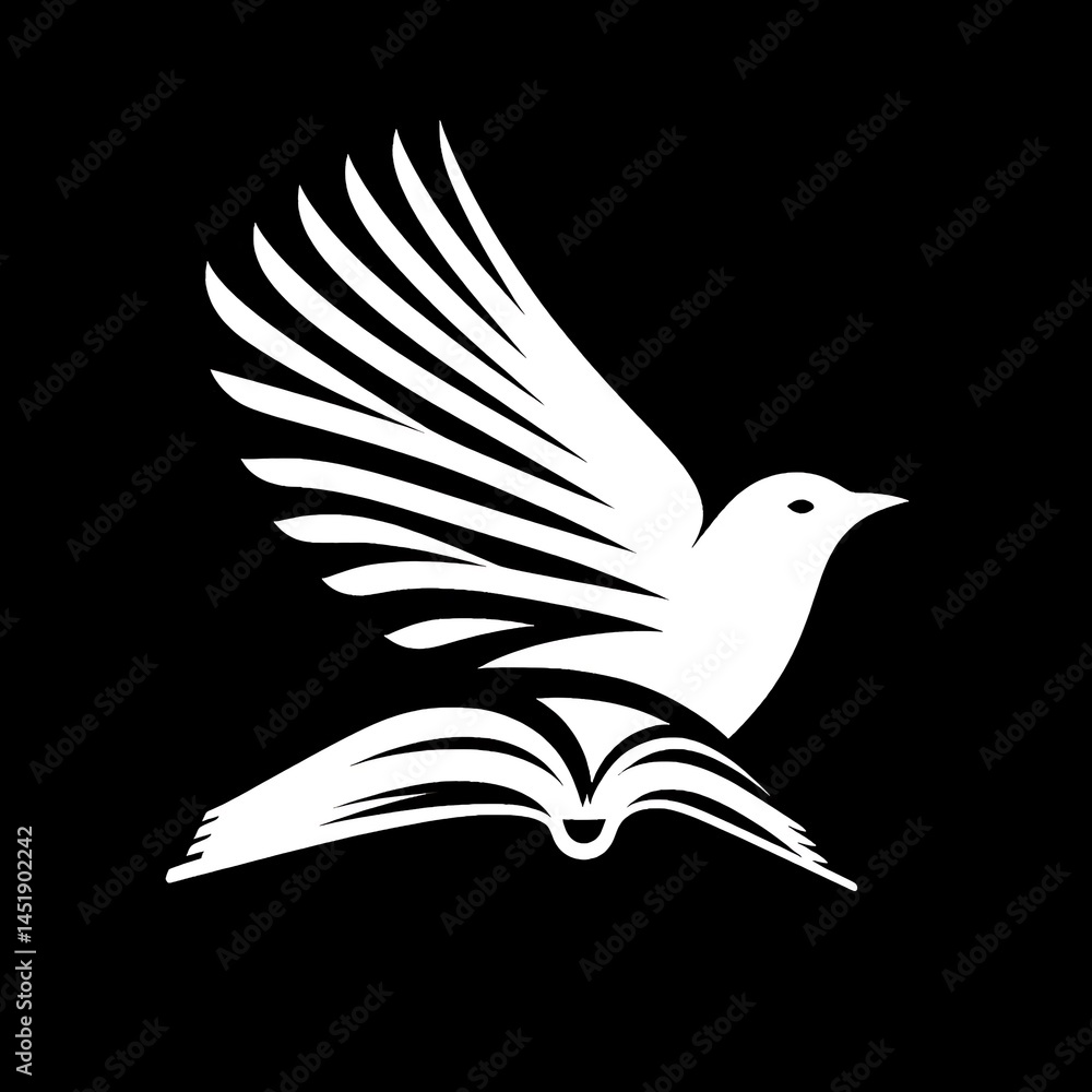 Naklejka premium Book morphing into bird in white-on-black minimalist illustration