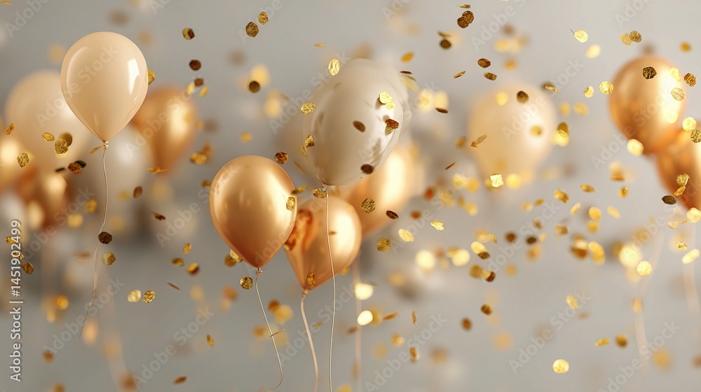 Elegant Birthday Scene with Shiny Gold Confetti and Balloons