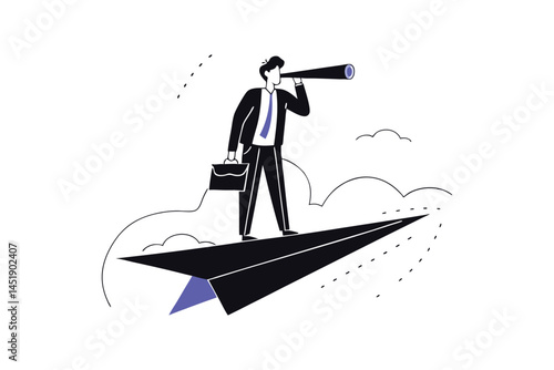 Visionary Business Strategy Concept – Confident Leader Flying on Paper Plane with Telescope Illustration