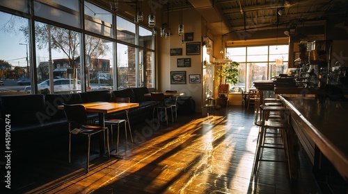 Cozy Empty Coffee Shop Interior with Large Windows and Warm Light