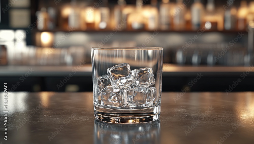 An empty glass with ice cubes on the bar counter in an American-style restaurant, front view, high-resolution photography. An empty glass with ice cubes on the bar counter in an American-style restaurant, front view, high-resolution photography.