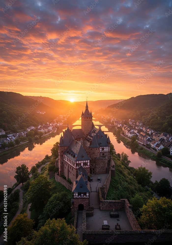 Medieval Castle at Sunrise with River and Forest Medieval Castle at Sunrise with River and Forest