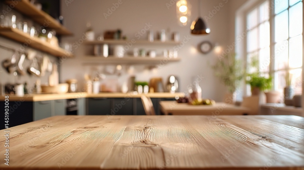 Softly Blurred Wooden Desk Surface in Cozy Kitchen Environment