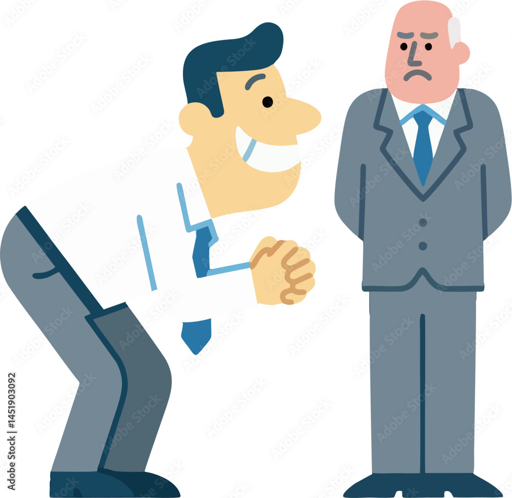 Flat Vector Illustration of Sycophantic Employee Pleasing Angry Boss – Cartoon Office Power Dynamics Concept Flat Vector Illustration of Sycophantic Employee Pleasing Angry Boss – Cartoon Office Power Dynamics Concept