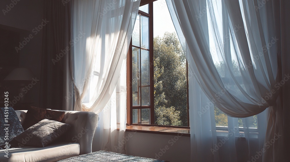 Cozy Living Room with Open Window and Soft Drapery