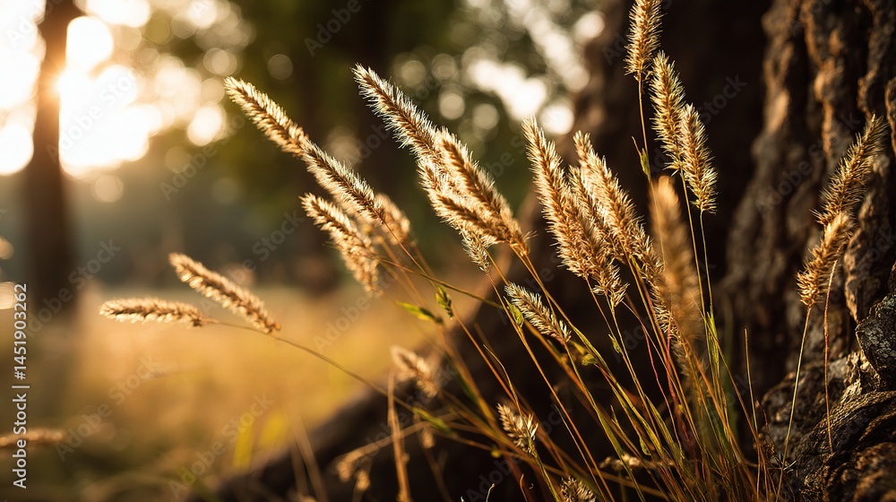 Glowing Grass in Golden Light Near Tree Base at Sunset