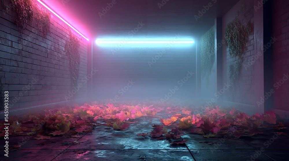 Glowing Neon Room with Colorful Leaves on the Floor and Brick Walls