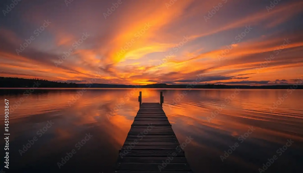 Naklejka premium Fiery Sunset Reflected on Secluded Lake with Wooden Dock