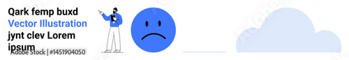 Individual with a clipboard pointing to a sad face beside a cloud. Ideal for analysis, sadness, mood representation, weather, emotions, psychology, or a simple landing page