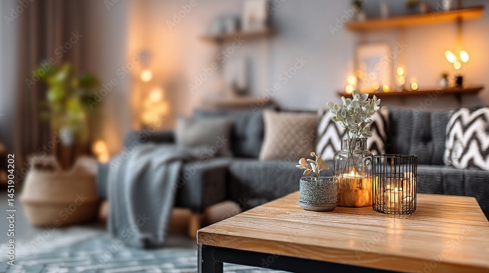Cozy Scandinavian Living Room with Blurred Background and Decor