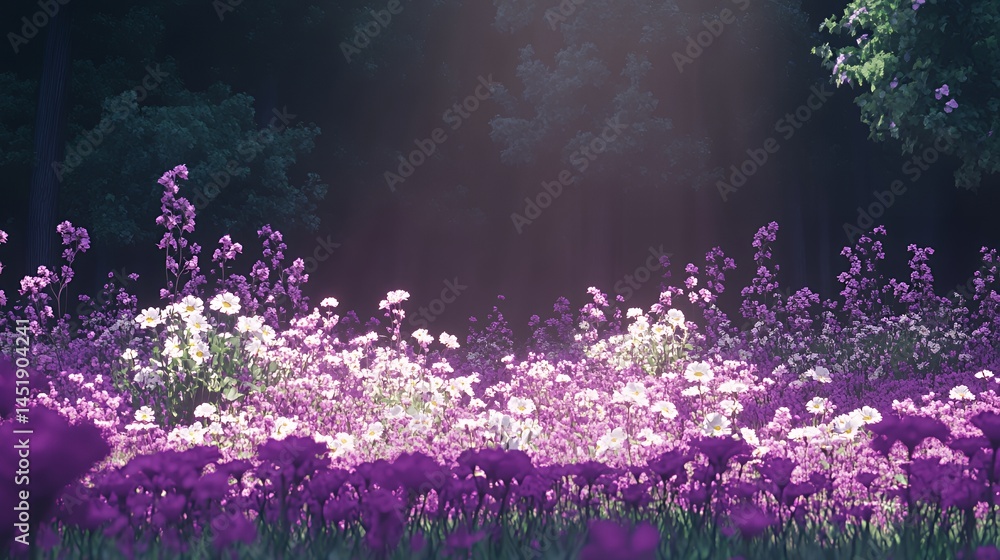 Obraz premium Vibrant purple and white flowers illuminated by sunlight in a serene forest setting.