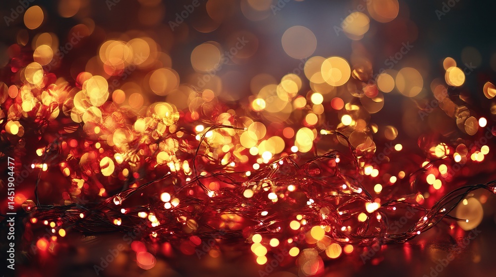 Glowing Red and Gold Christmas Lights with Bokeh Effects
